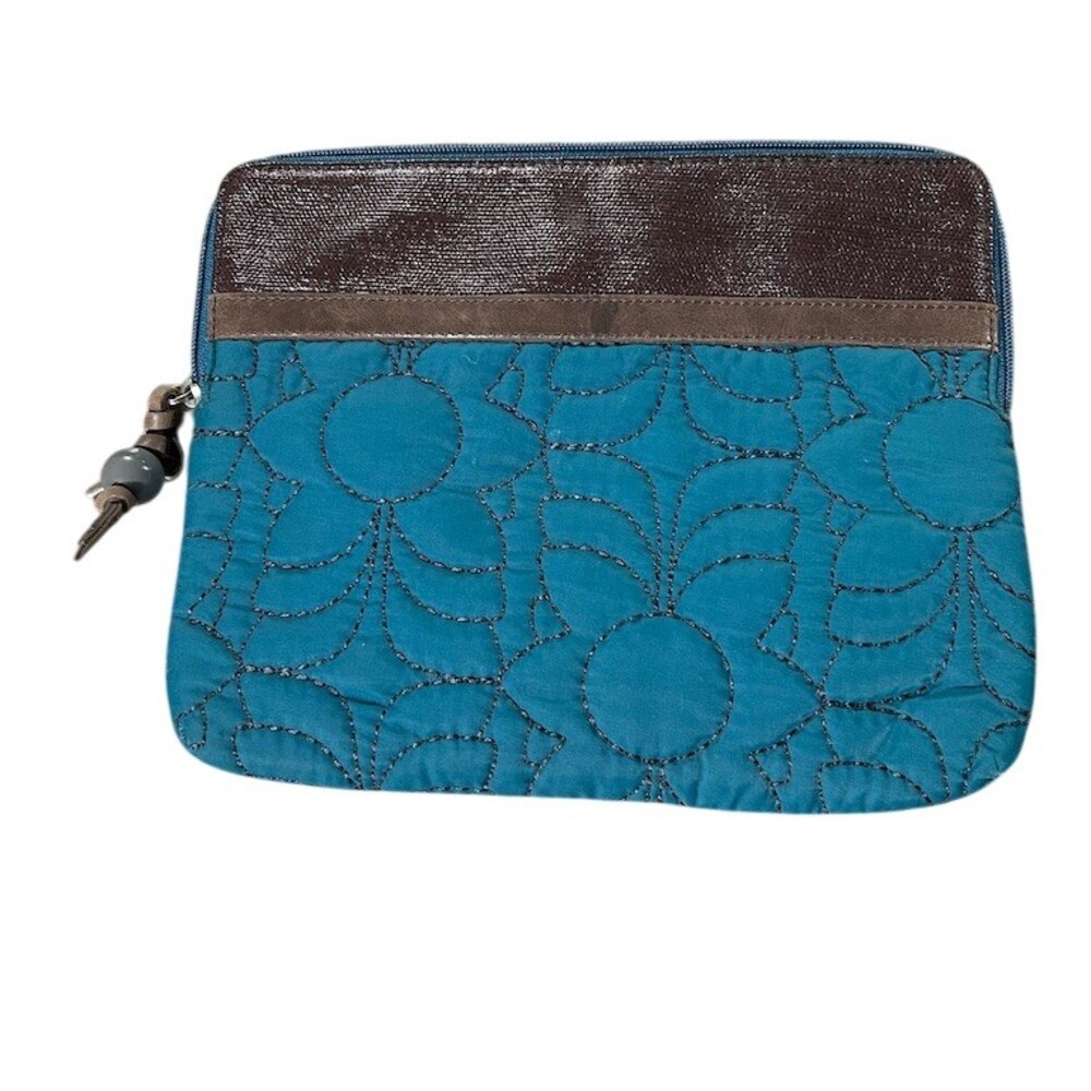 Fossil Key-Per Zip Clutch Pouch Womens Small Teal Blue Quilted Floral